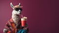 stylish llama hipster with popcorn in cinema, Generative AI