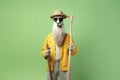 stylish llama hipster with a shovel on a green background, Generative AI