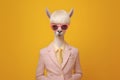 stylish llama in pink business suit and trendy glasses on yellow background, Generative AI