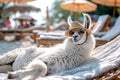 Stylish llama relaxing on beach vacation vibes with sunglasses and hat, ideal copy space
