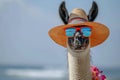 Stylish llama in sunglasses and hat relaxing on beach vacation concept with space for text