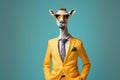 stylish llama in yellow business suit and trendy glasses on blue background, Generative AI Royalty Free Stock Photo