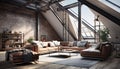 Stylish Loft Living Room. Exposed Brick Walls, High Ceilings, Industrial Accents