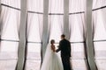 Stylish luxury bride and groom holding hands at gorgeous window on the background of interior in modern building Royalty Free Stock Photo