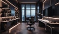 stylish luxury home office interior in an ultramodern brutal apartment in dark colors and cool led lighting Royalty Free Stock Photo