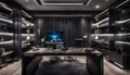 stylish luxury home office interior in an ultramodern brutal apartment in dark colors and cool led lighting Royalty Free Stock Photo