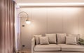 Stylish luxury living room with beige leather sofa, gold stainless wall lamp and wallcovering in the background / luxury interior