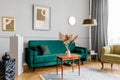 Stylish and luxury living room interior with elegant green velvet armchair, sofa, mock up poster and decoration.