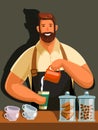 Stylish male barista prepares his best coffee. flat color illustration