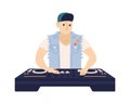 Stylish male DJ with confused face expression vector flat illustration. Trendy guy playing electronic music records at Royalty Free Stock Photo