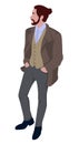 Stylish man in a brown jacket is standing. The person stands half a turn. Men\'s fashion. Vector image