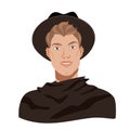 Stylish man in a hat and black coat. Fashionable male portrait in flat cartoon style