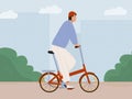 Stylish man riding street folding bicycle in city vector flat illustration. Trendy looking male in hat rides urban eco