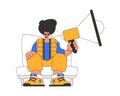 Stylish man sits in a chair and holds a megaphone. Good for job search topics