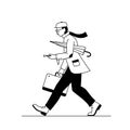 Stylish man walking with a suitcase and umbrella. Black and white line vector illustration of a fashionable young man in Royalty Free Stock Photo