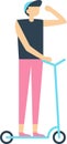 Stylish man wearing a cap, riding an electric scooter and looking away, captured in a simple, trendy flat vector
