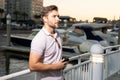 Stylish man wearing sunglasses and shirt. Handsome man outdoors portrait. Portrait of stylish male model outdoor Royalty Free Stock Photo