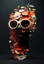 Stylish mannequin head stylish mannequin head in sunglasses with flowers and petals on podiumsunglasses on podium