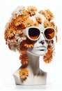 Stylish mannequin head stylish mannequin head in sunglasses with flowers and petals on podiumsunglasses on podium