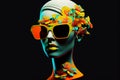 Stylish mannequin head stylish mannequin head in sunglasses with flowers and petals on podiumsunglasses on podium