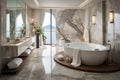 Stylish marble bathroom with large oval bathtub and double sinks AI Generated Royalty Free Stock Photo