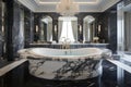 Stylish marble bathroom with large oval bathtub and double sinks AI Generated Royalty Free Stock Photo