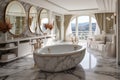 Stylish marble bathroom with large oval bathtub and double sinks AI Generated