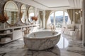 Stylish marble bathroom with large oval bathtub and double sinks AI Generated Royalty Free Stock Photo