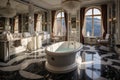 Stylish marble bathroom with large oval bathtub and double sinks AI Generated Royalty Free Stock Photo