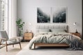 Stylish masculine green and grey bedroom interior design modern and minimal style. generative ai Royalty Free Stock Photo