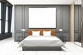 Stylish master bedroom interior, gray