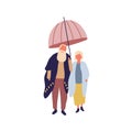 Stylish Mature Cartoon Male And Female Under Umbrella Vector Flat Illustration. Fashionable Elderly Couple Wearing