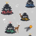 Stylish Merry Christmas seamless pattern with tree, lettering, deer, toys in vector. for wallpapers, pattern fills, web