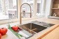 Stylish metallic crane at the kitchen. Sink faucet at the kitchen. Metal crane in close-up photo. Details of the