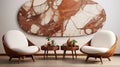 Stylish mid century modern living room with brown lounge chairs, white sofa, and marble wall Royalty Free Stock Photo