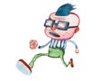 Stylish middle-aged cartoon man in square glasses with big head and cowlick hairstyle running away from someone