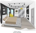 Stylish minimalism bedroom interior sketch. Royalty Free Stock Photo