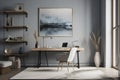 Elegant Minimalist Home Office: Built-In Desk, Black Leather Chair & Monochromatic Aesthetic