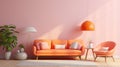 Stylish minimalist interior of modern cozy living room in orange and pink tones. Comfortable trendy couch and armchair Royalty Free Stock Photo