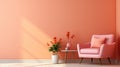 Stylish minimalist interior of modern cozy living room in pastel orange and pink tones. Comfortable trendy armchair Royalty Free Stock Photo
