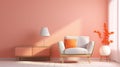Stylish minimalist interior of modern cozy living room in pastel orange and pink tones. Comfortable trendy armchair Royalty Free Stock Photo
