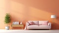 Stylish minimalist interior of modern cozy living room in pastel orange and pink tones. Comfortable trendy couch, side