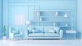 Stylish minimalist interior of modern cozy living room in white and pastel blue tones. Trendy couch and armchair, coffee Royalty Free Stock Photo