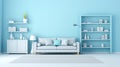 Stylish minimalist interior of modern cozy living room in white and pastel blue tones. Trendy couch, commode, wall Royalty Free Stock Photo
