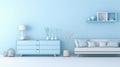 Stylish minimalist interior of modern cozy living room in white and pastel blue tones. Trendy couch with cushions Royalty Free Stock Photo