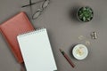 Stylish minimalist mockup with notebook, planner, glasses and pen on grey