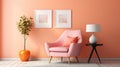 Stylish minimalist monochrome interior of modern cozy living room in pastel orange and pink tones. Trendy armchair Royalty Free Stock Photo