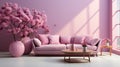 Stylish minimalist monochrome interior of modern cozy living room in pastel pink and lilac tones. Trendy couch, coffee table,