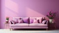 Stylish minimalist monochrome interior of modern cozy living room in pastel pink and purple tones. Trendy couch, side