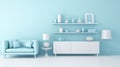 Stylish minimalist monochrome interior of modern cozy living room in white and pastel blue tones. Trendy couch, coffee Royalty Free Stock Photo